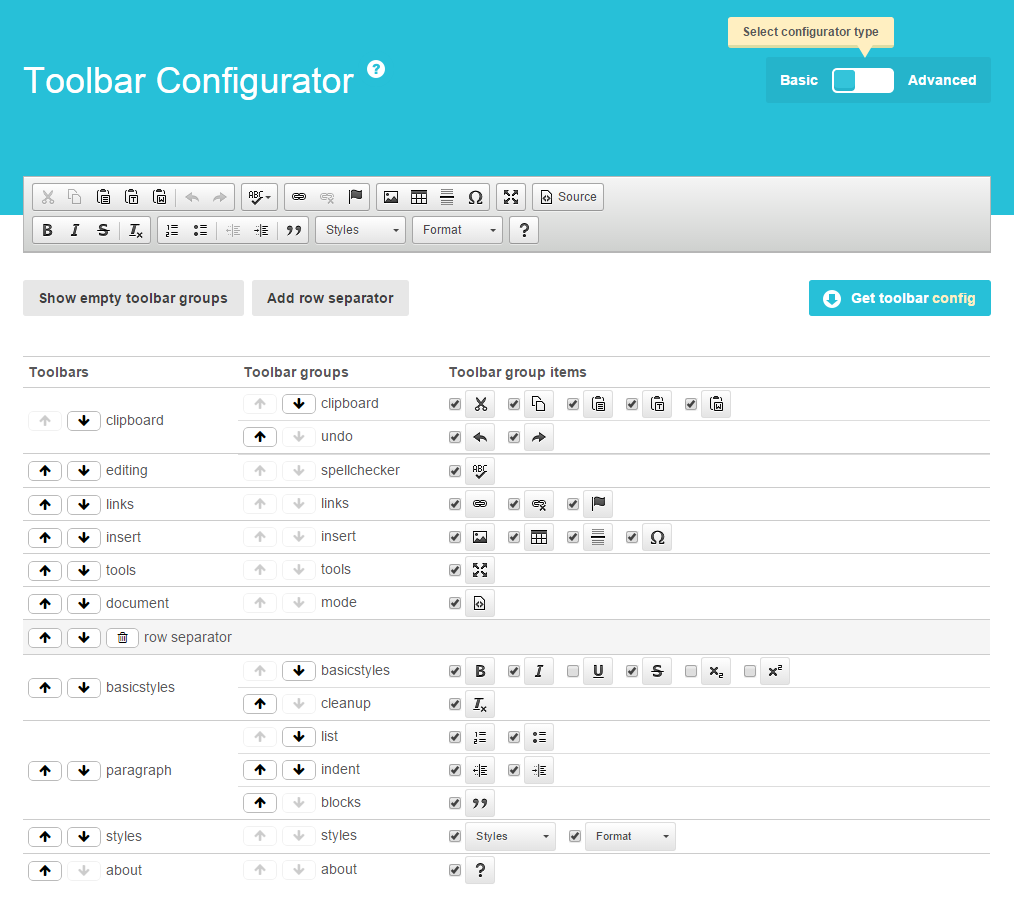 CKEditor 4.5 basic toolbar configurator